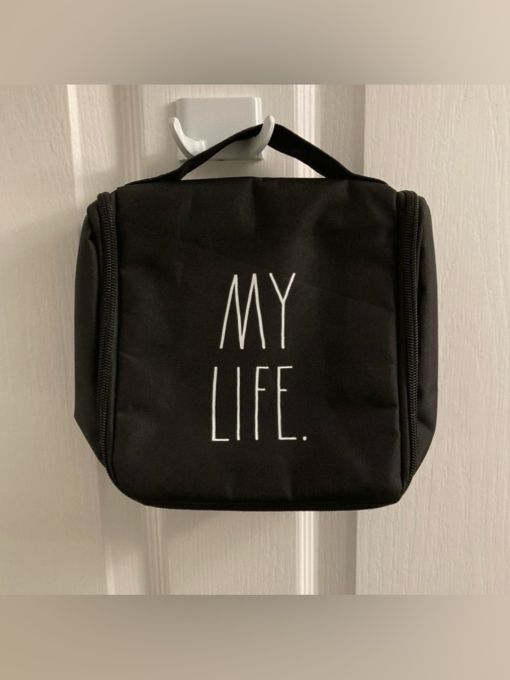 CUTE Rae Dunn travel toiletries makeup my life bag with pockets, black, white